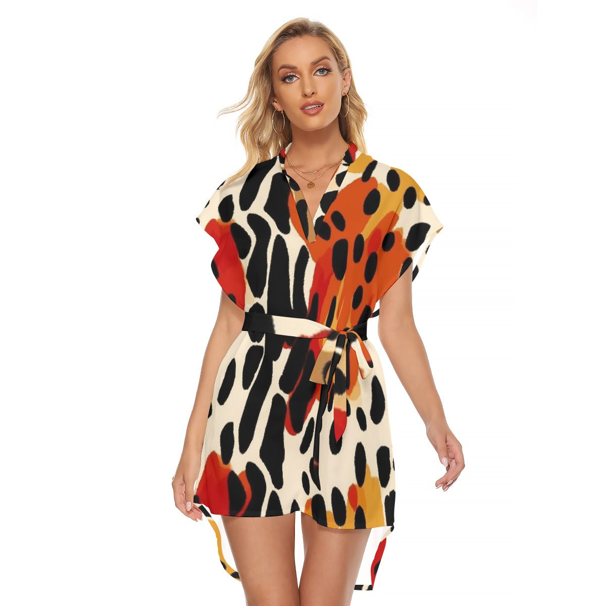 All-Over Print Women's Stand-up Collar Casual Dress With Belt