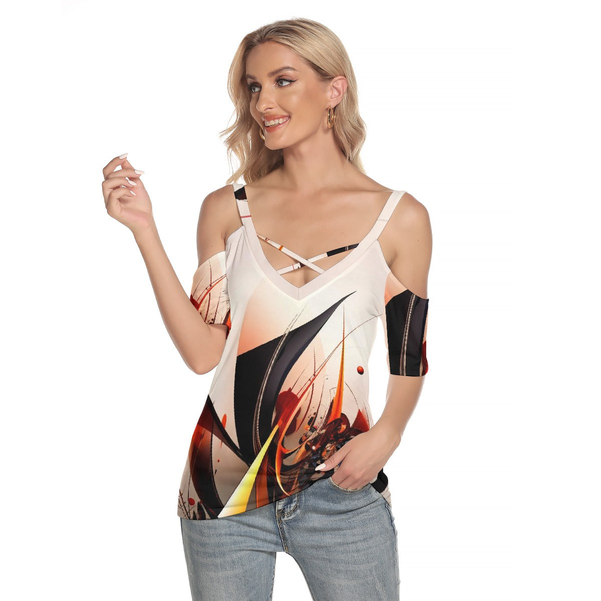 All-Over Print Women's Cold Shoulder T-shirt With Criss Cross Strips