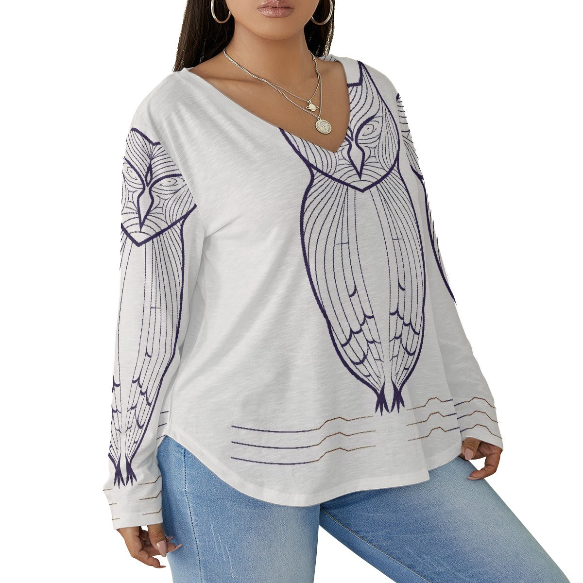 All-Over Print Women's V-neck T-shirt With Curved Hem(Plus Size)