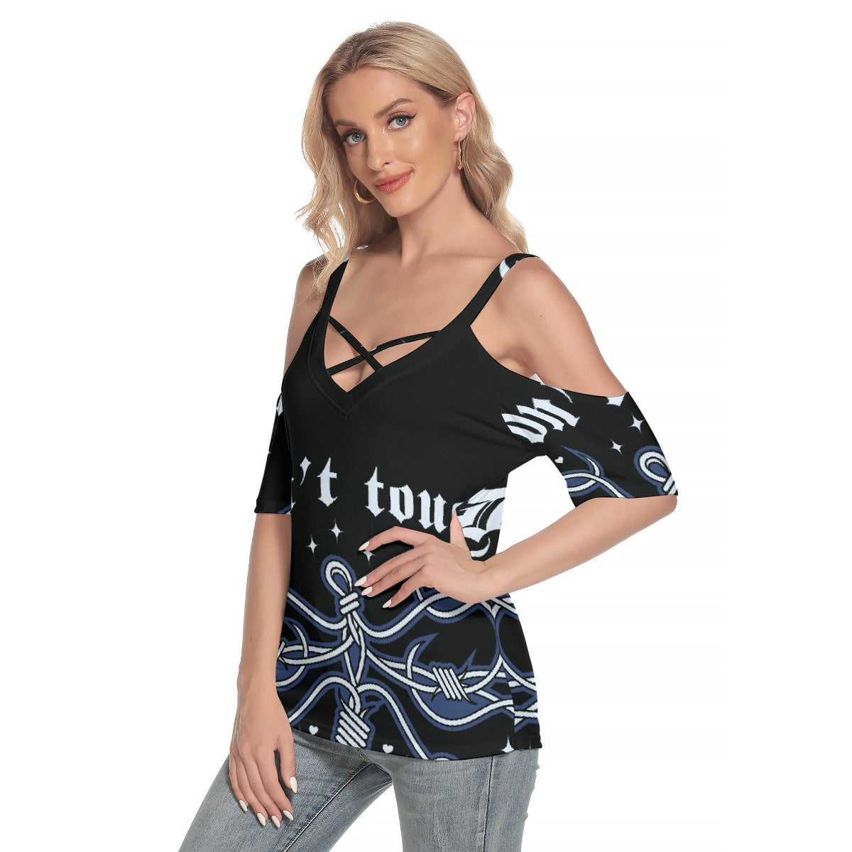 All-Over Print Women's Cold Shoulder T-shirt With Criss Cross Strips