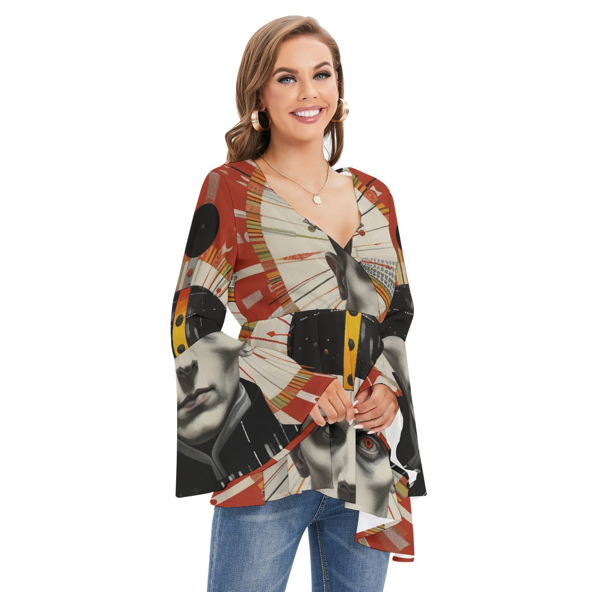 All-Over Print Women's V-neck Blouse With Flared Sleeves