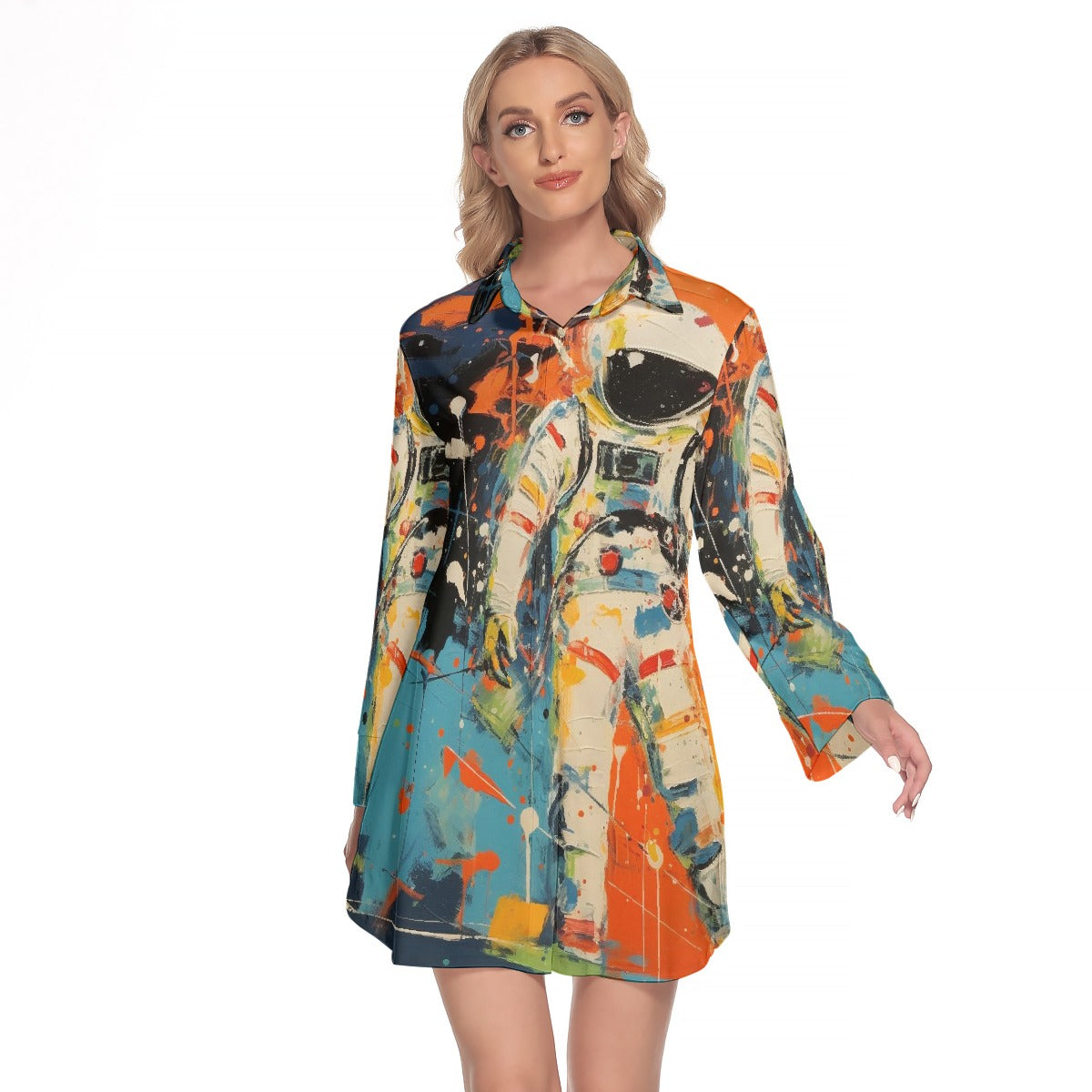 All-Over Print Women's Lapel Shirt Dress With Long Sleeve