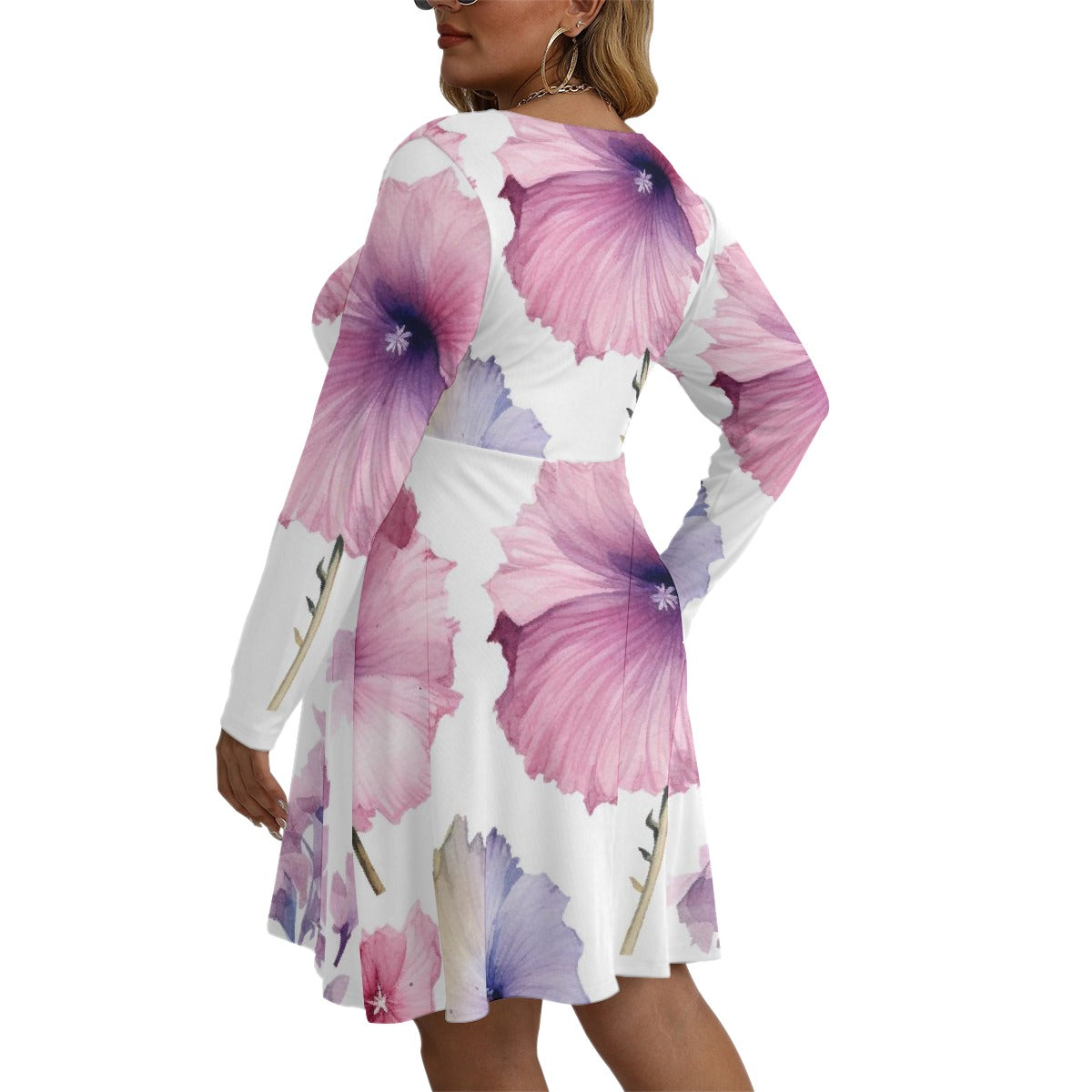 All-Over Print Women's V-neck Long Sleeve Dress(Plus Size)