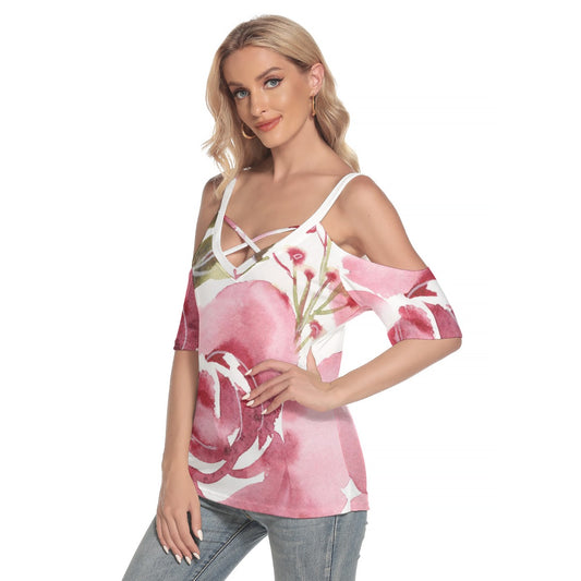 All-Over Print Women's Cold Shoulder T-shirt With Criss Cross Strips