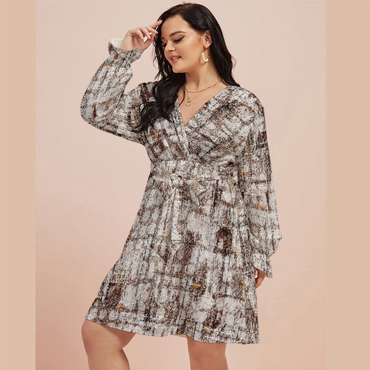 All-Over Print Women's V-neck Dress With Waistband(Plus Size)