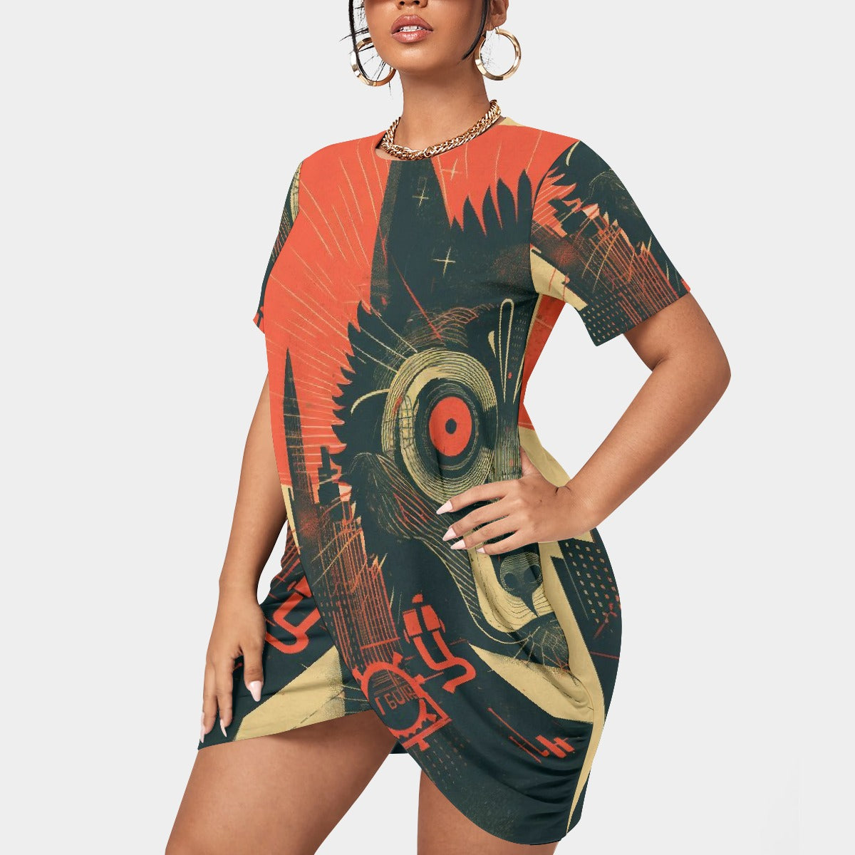 All-Over Print Women’s Stacked Hem Dress With Short Sleeve（Plus Size）