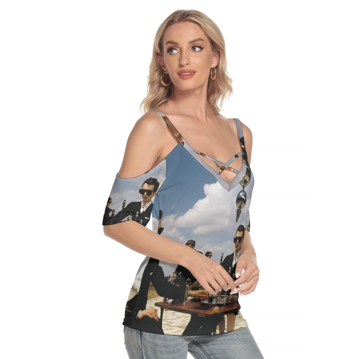 All-Over Print Women's Cold Shoulder T-shirt With Criss Cross Strips