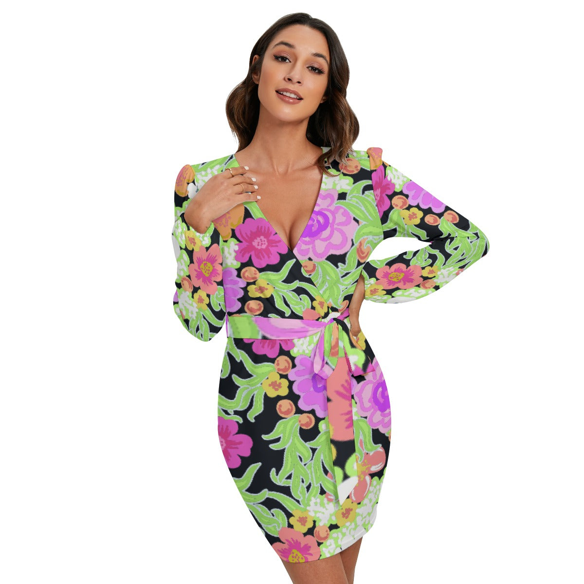 All-Over Print Women's Long Sleeve Dress With Waist Belt