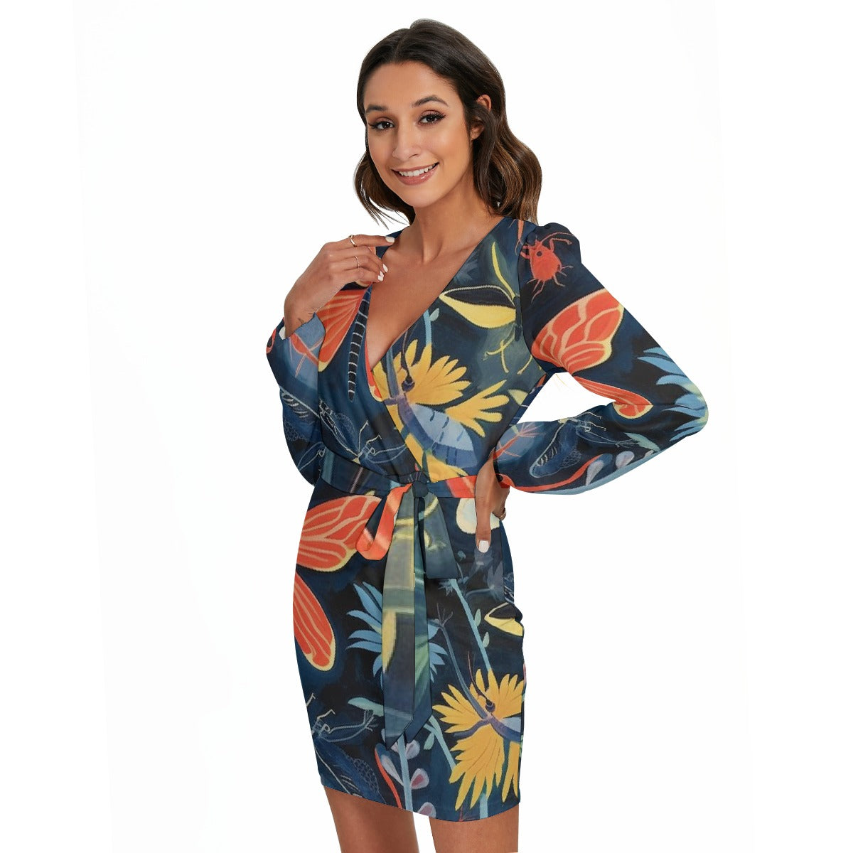 All-Over Print Women's Long Sleeve Dress With Waist Belt