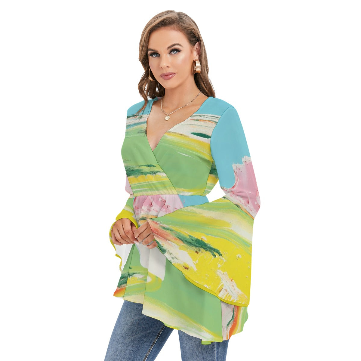 All-Over Print Women's V-neck Blouse With Flared Sleeves