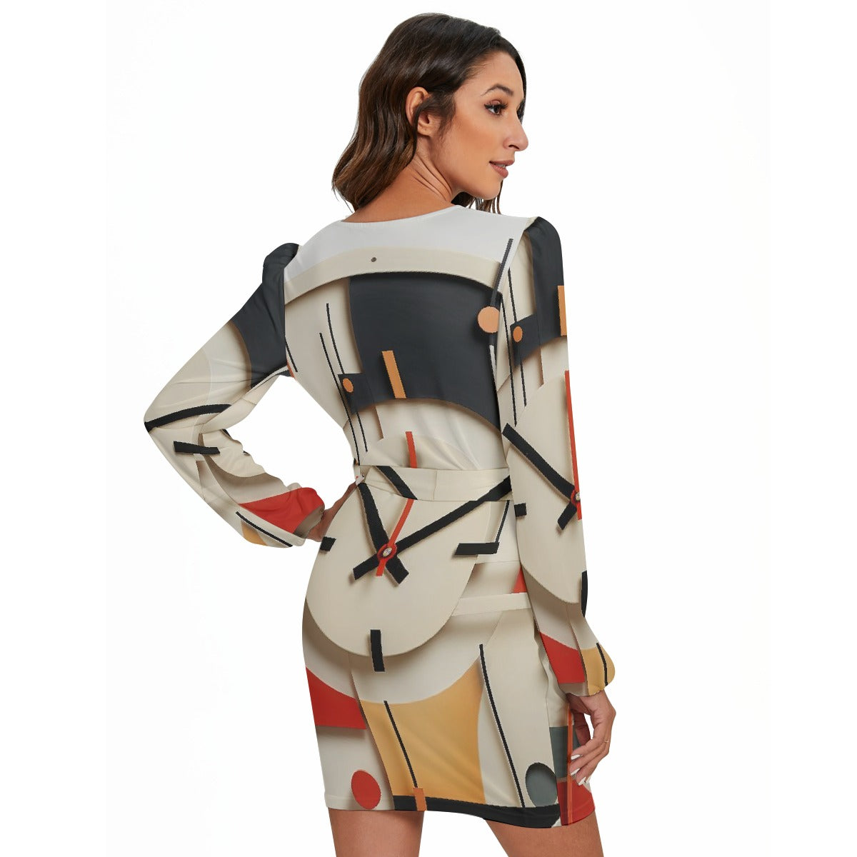 All-Over Print Women's Long Sleeve Dress With Waist Belt