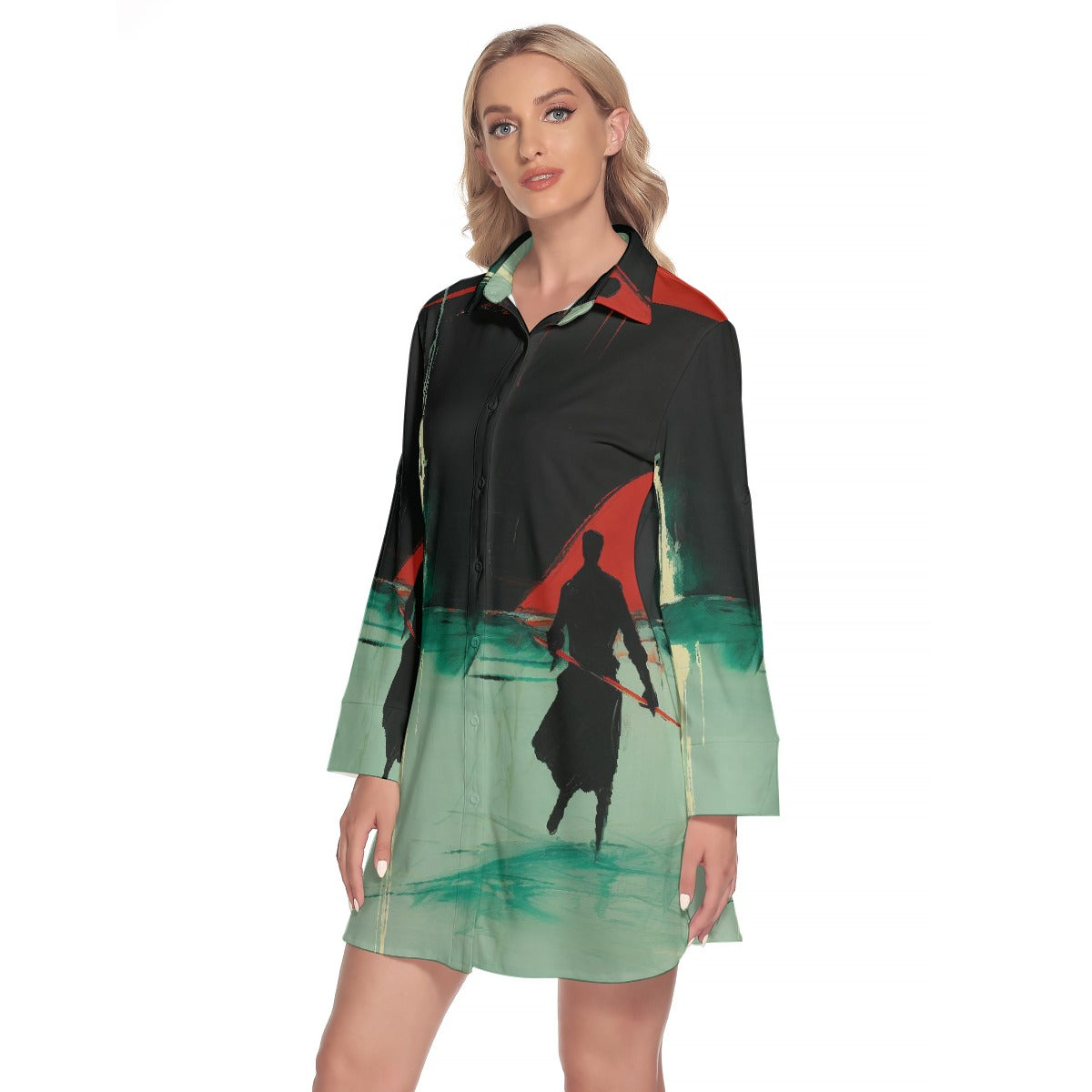 All-Over Print Women's Lapel Shirt Dress With Long Sleeve