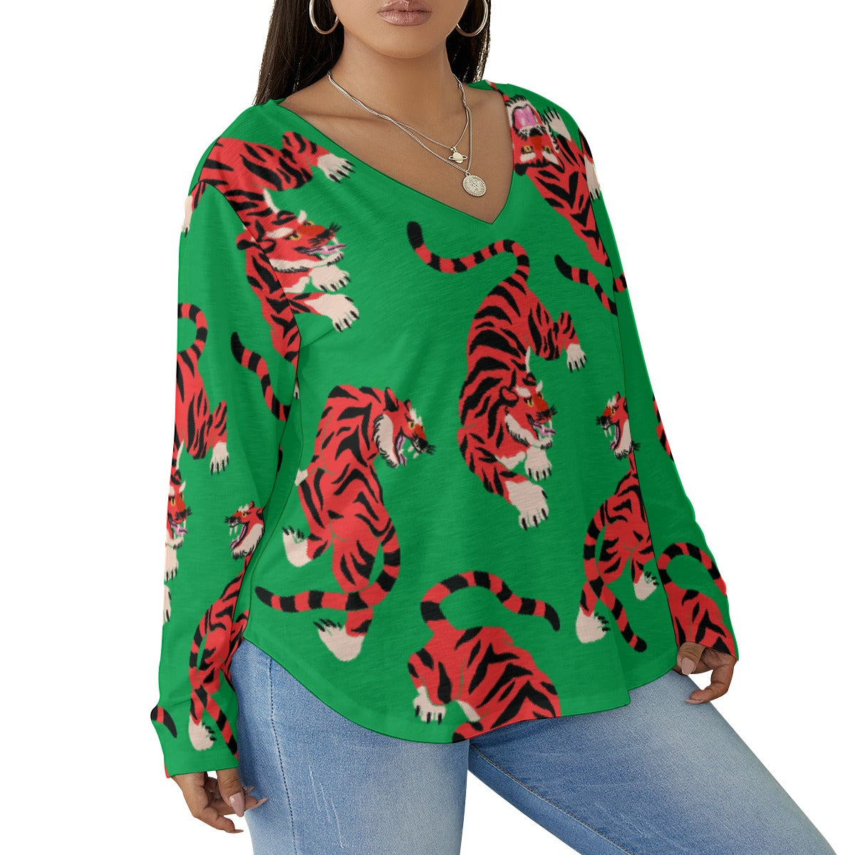 All-Over Print Women's V-neck T-shirt With Curved Hem(Plus Size)