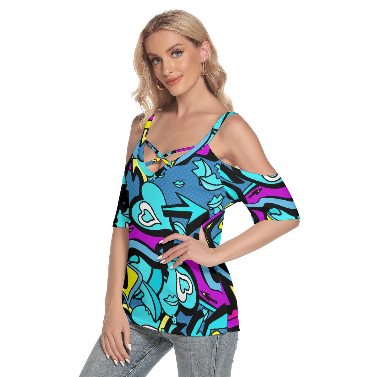 All-Over Print Women's Cold Shoulder T-shirt With Criss Cross Strips