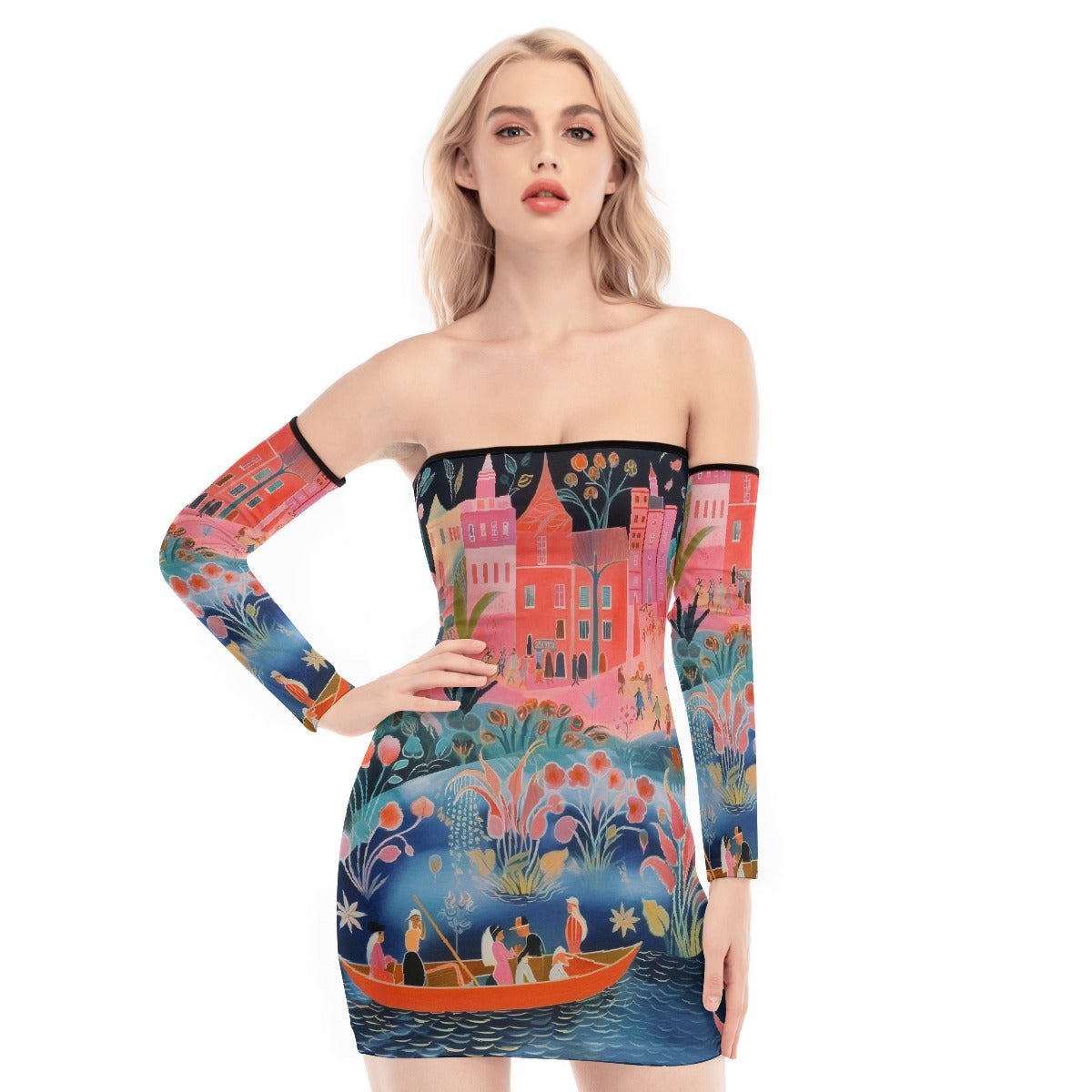 All-Over Print Women's Off-shoulder Back Lace-up Dress