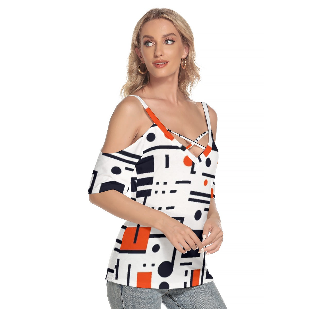 All-Over Print Women's Cold Shoulder T-shirt With Criss Cross Strips