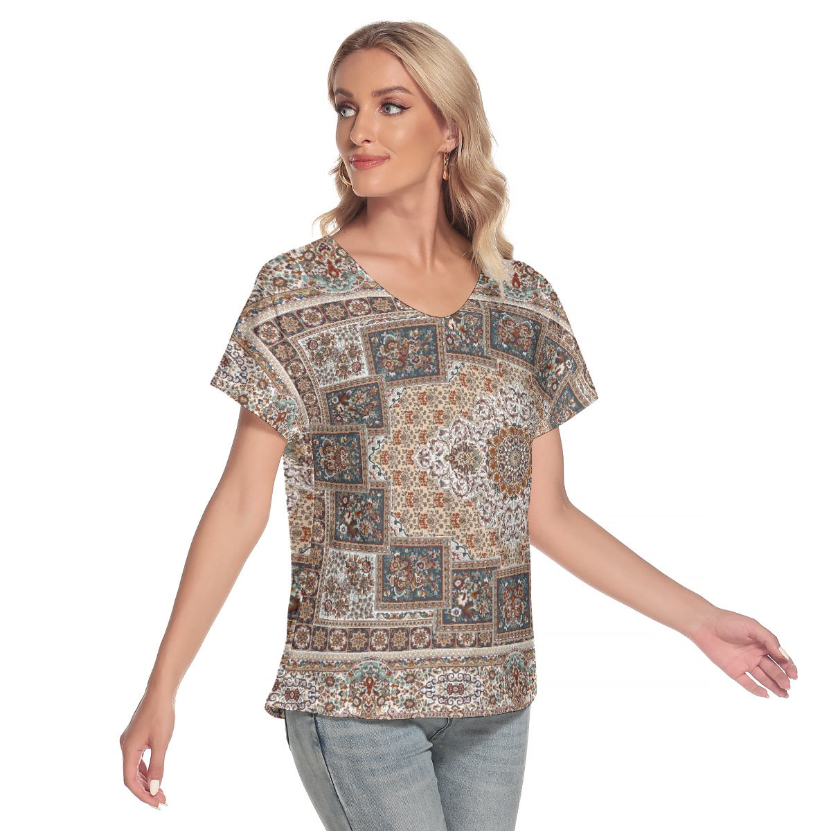 All-Over Print Women's Loose V-neck Short Sleeve T-shirt