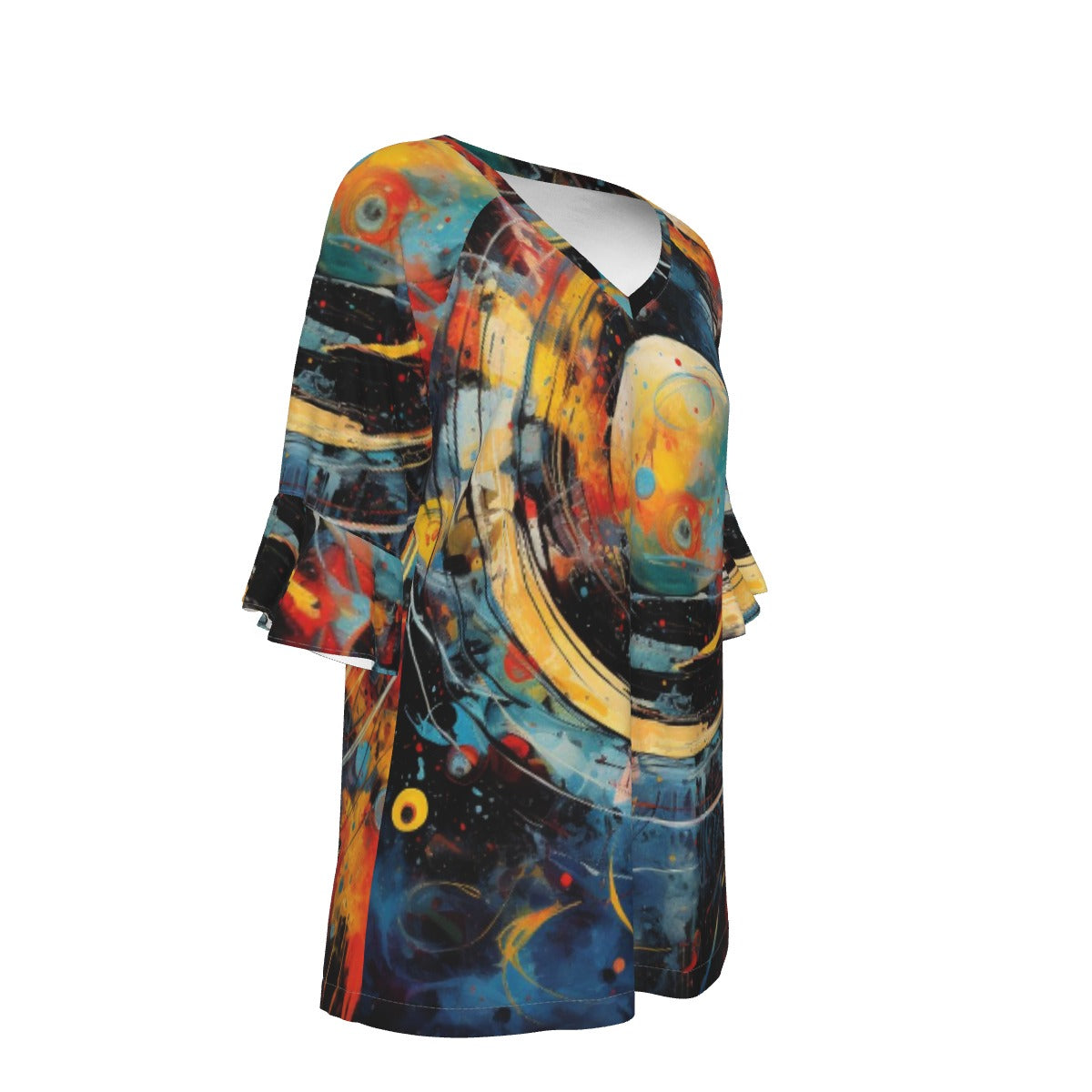 All-Over Print V-neck Women's T-shirt With Bell Sleeve