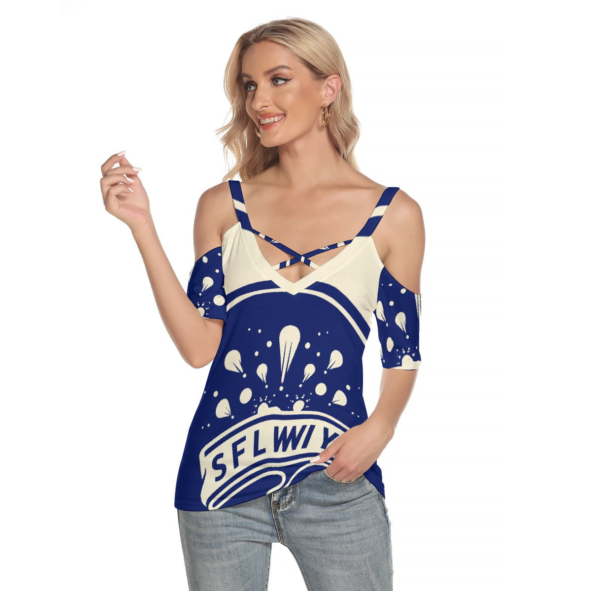 All-Over Print Women's Cold Shoulder T-shirt With Criss Cross Strips