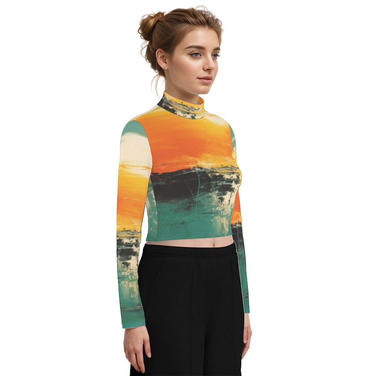 Eco-Friendly All-Over Print Women's Turtleneck T-shirt With Long Sleeve