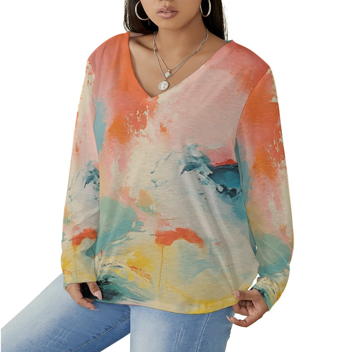 All-Over Print Women's V-neck T-shirt With Curved Hem(Plus Size)