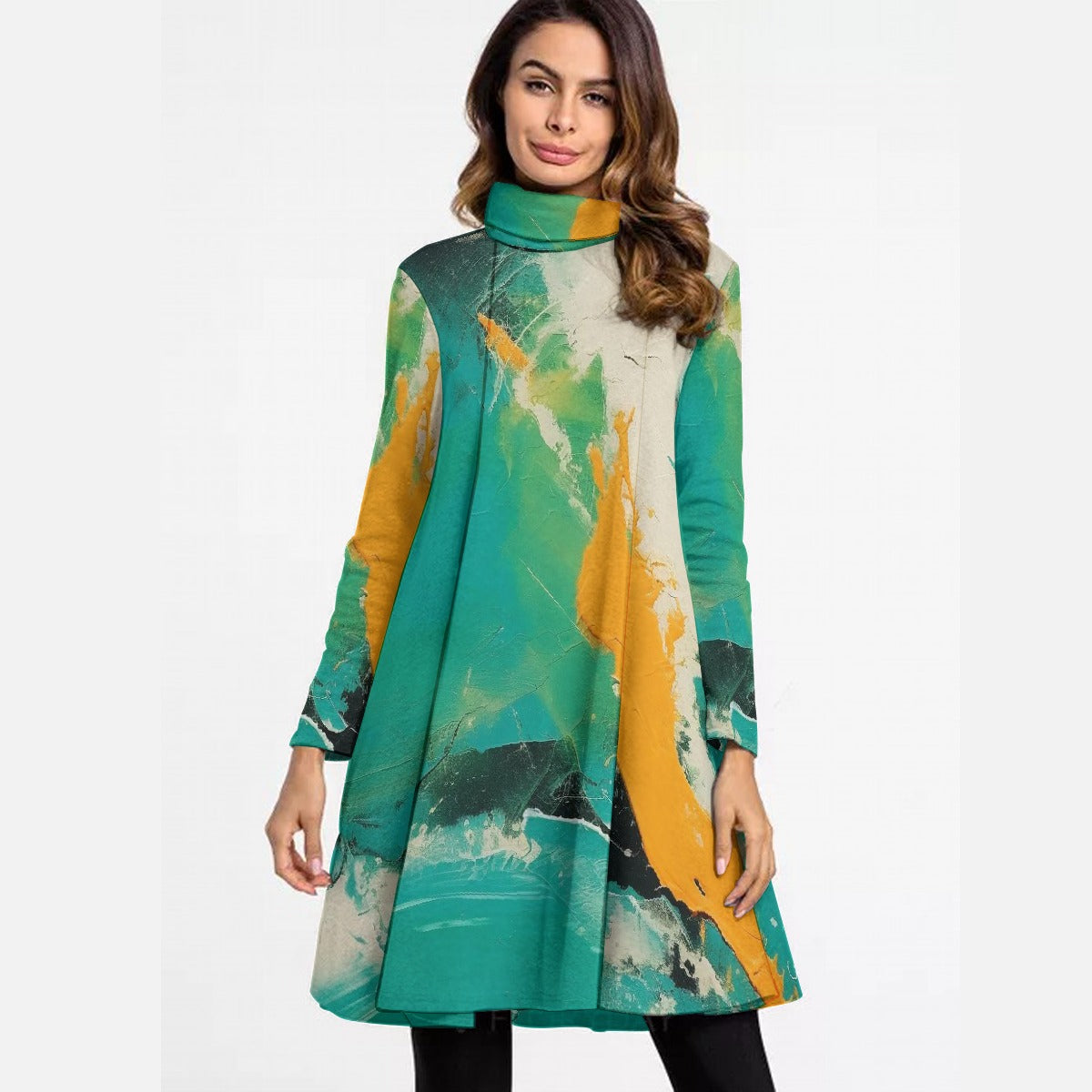 All-Over Print Women's High Neck Dress With Long Sleeve