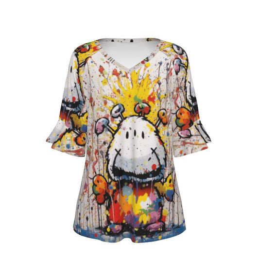 All-Over Print V-neck Women's T-shirt With Bell Sleeve