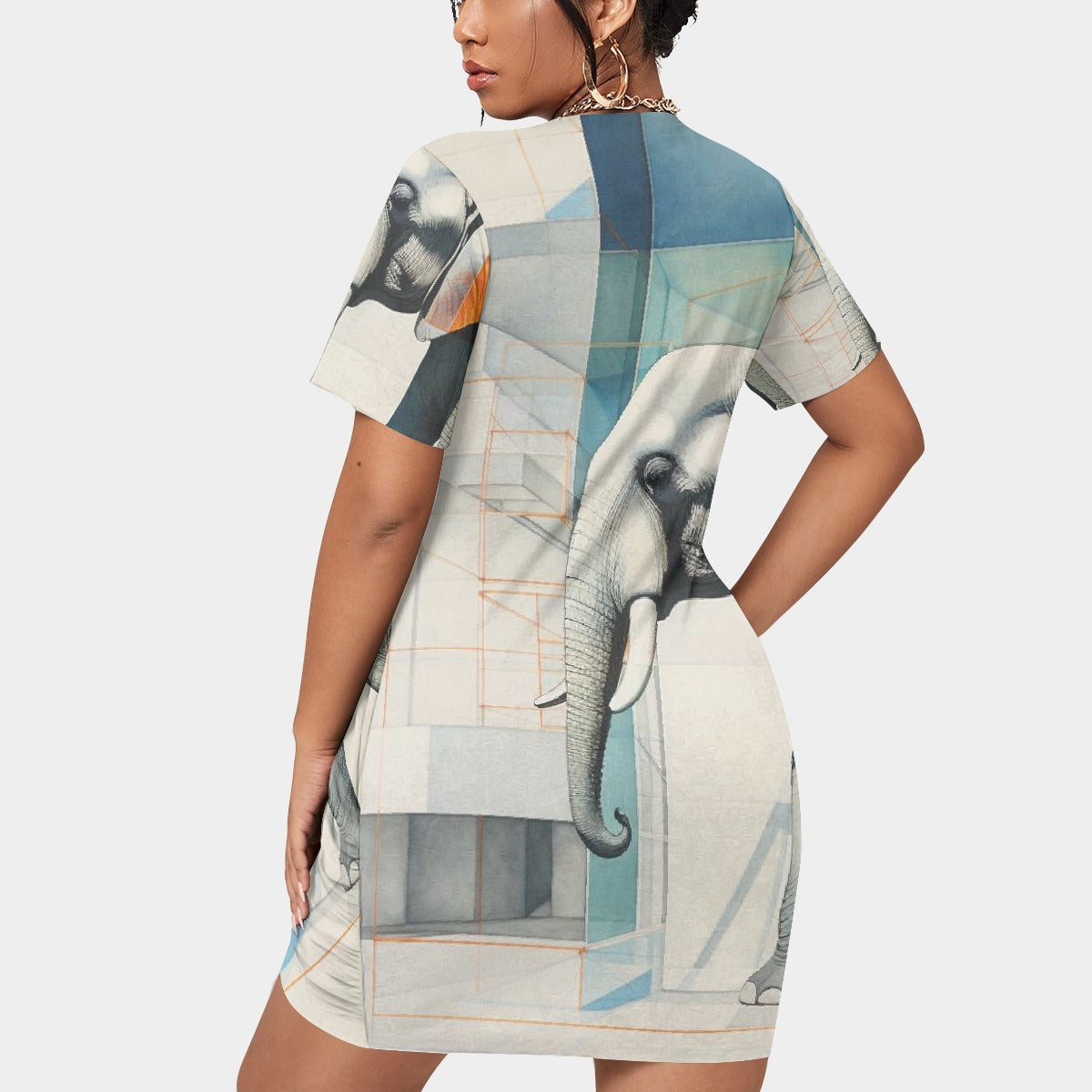 All-Over Print Women’s Stacked Hem Dress With Short Sleeve（Plus Size）