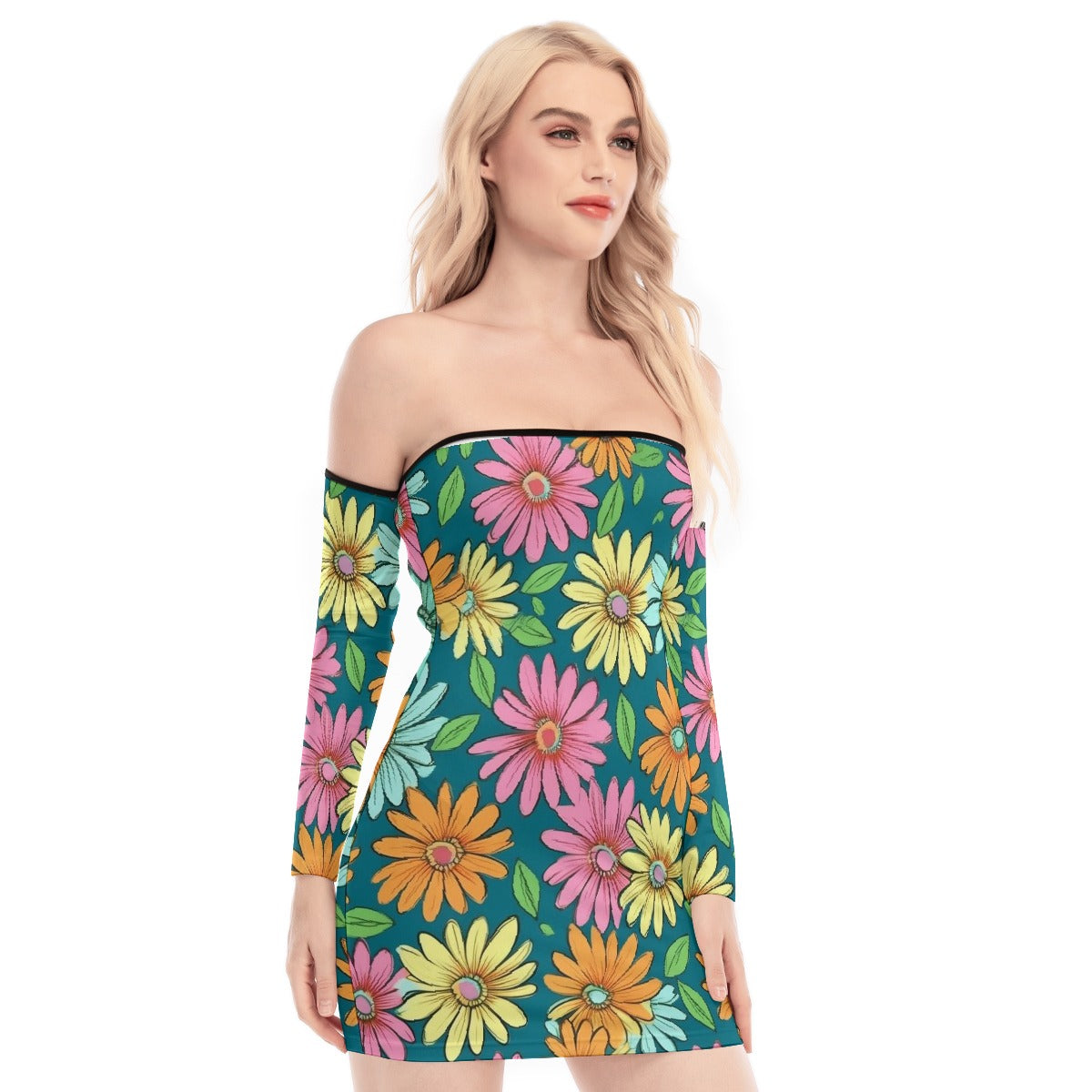 All-Over Print Women's Off-shoulder Back Lace-up Dress