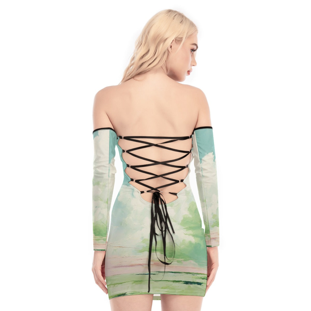 All-Over Print Women's Off-shoulder Back Lace-up Dress