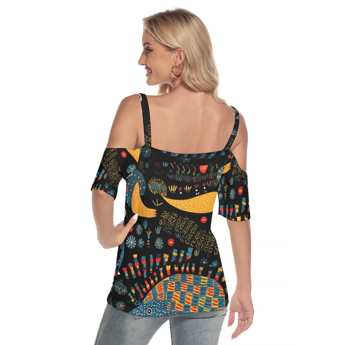 All-Over Print Women's Cold Shoulder T-shirt With Criss Cross Strips