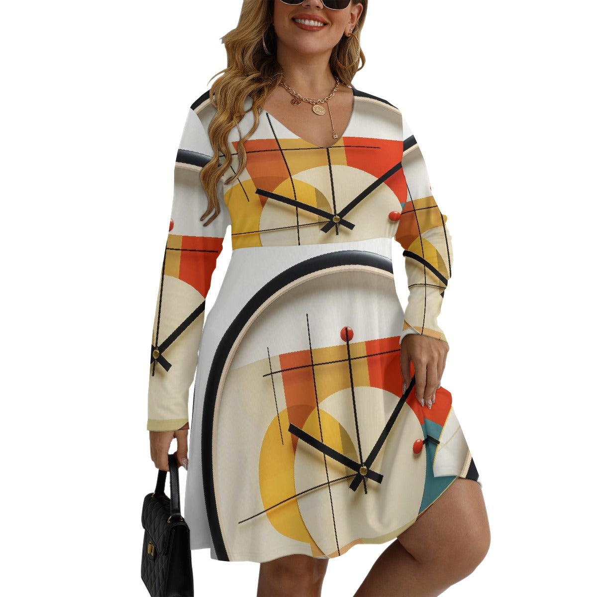 All-Over Print Women's V-neck Long Sleeve Dress(Plus Size)