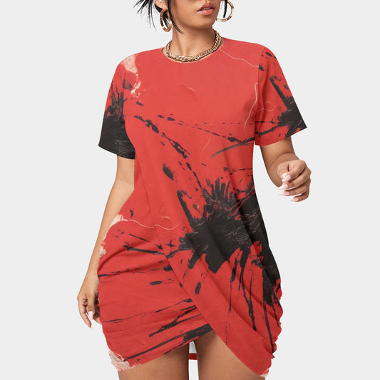 All-Over Print Women’s Stacked Hem Dress With Short Sleeve（Plus Size）