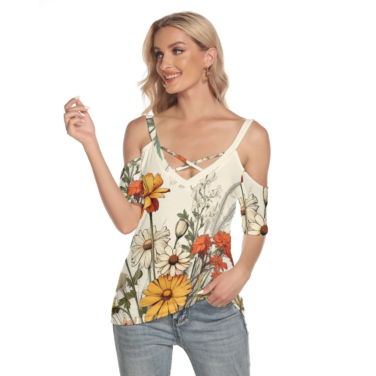 All-Over Print Women's Cold Shoulder T-shirt With Criss Cross Strips