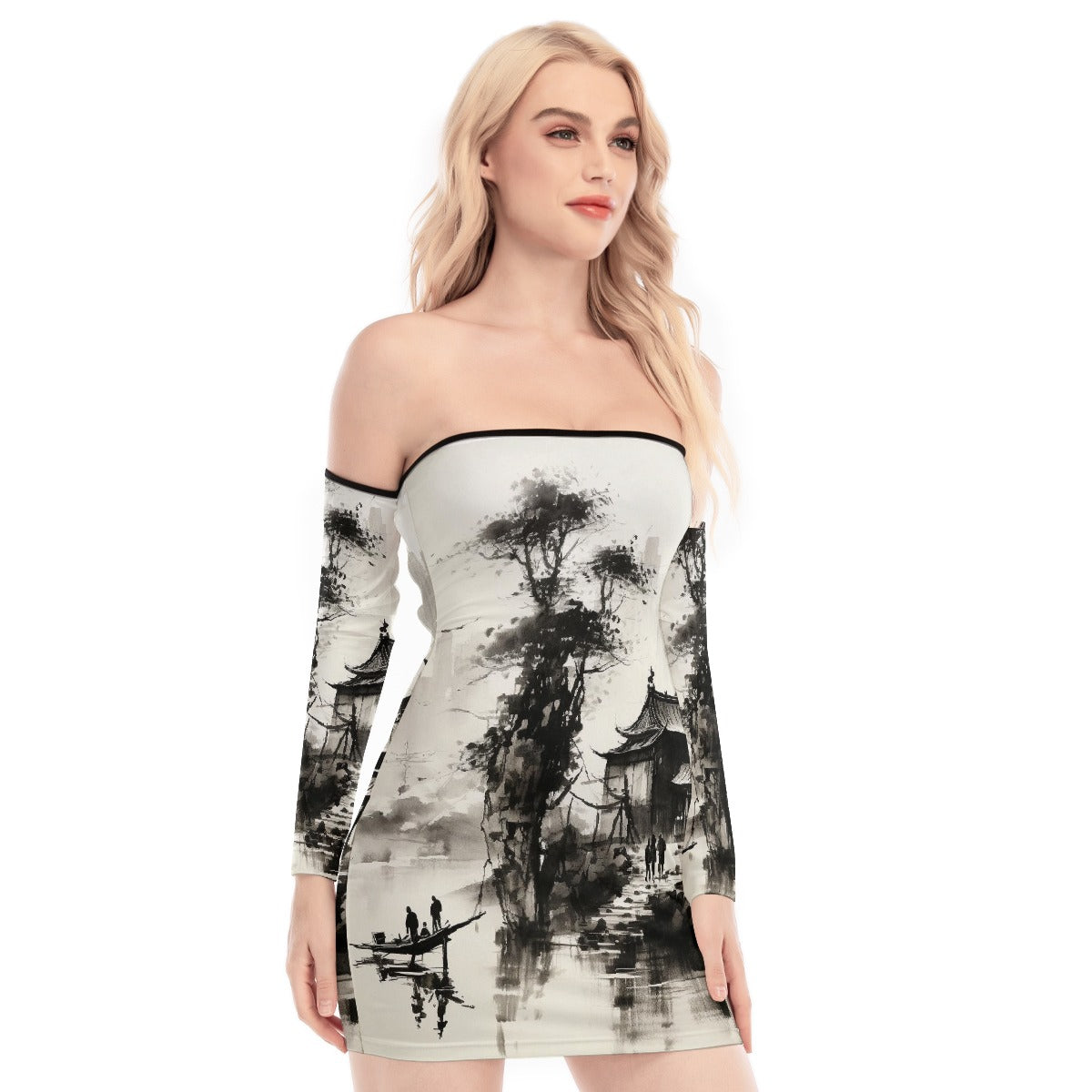 All-Over Print Women's Off-shoulder Back Lace-up Dress