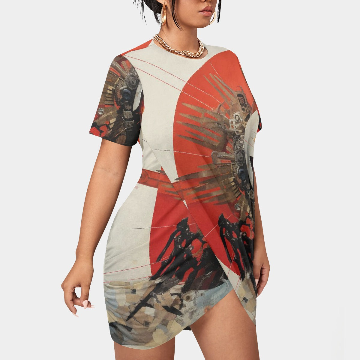 All-Over Print Women’s Stacked Hem Dress With Short Sleeve（Plus Size）