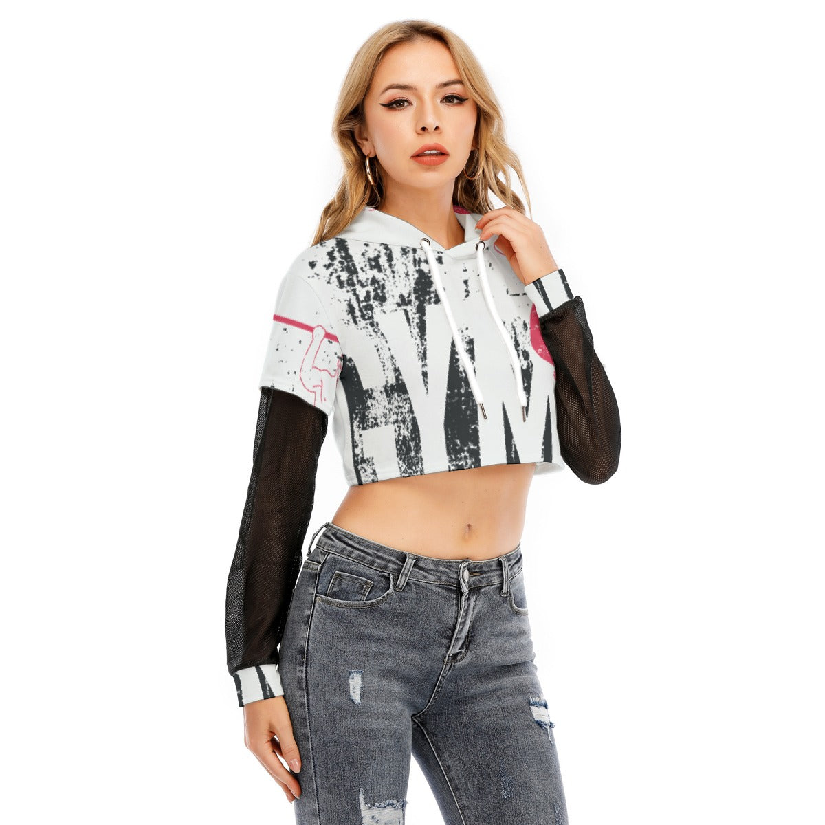 All-Over Print Women's Fake Two-piece Mesh Sleeve Cropped Hoodie