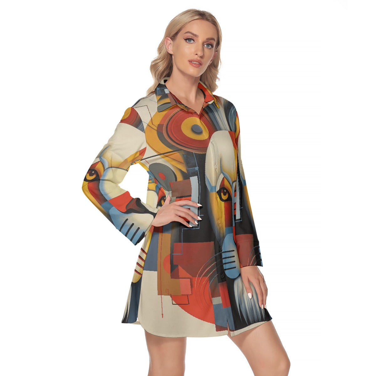 All-Over Print Women's Lapel Shirt Dress With Long Sleeve