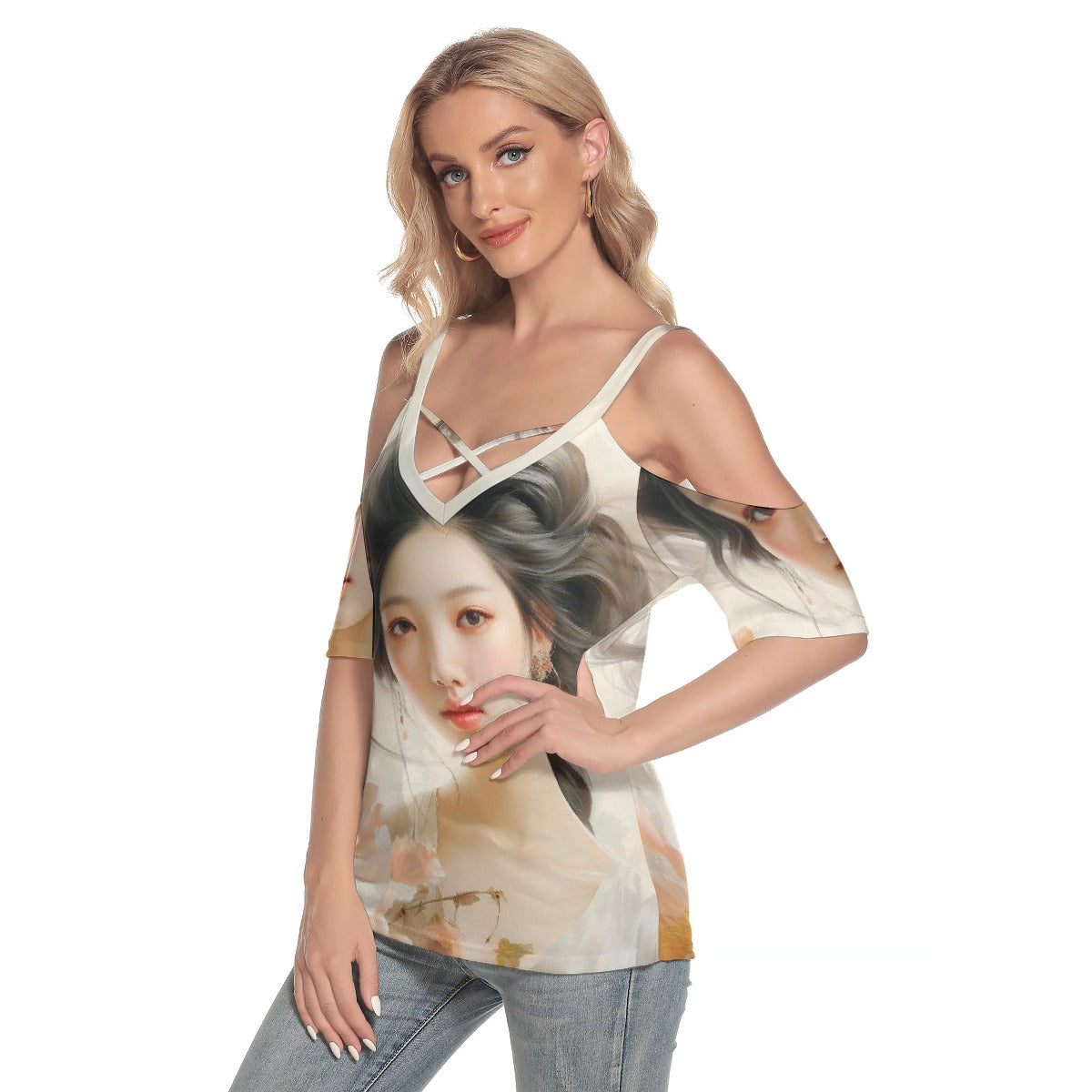 All-Over Print Women's Cold Shoulder T-shirt With Criss Cross Strips