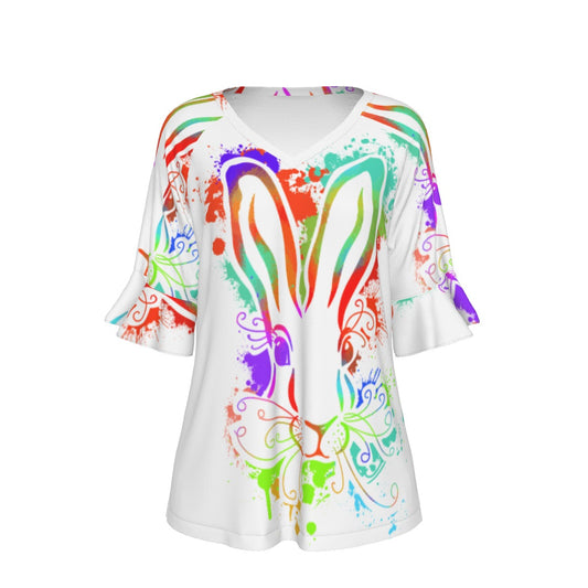 All-Over Print V-neck Women's T-shirt With Bell Sleeve