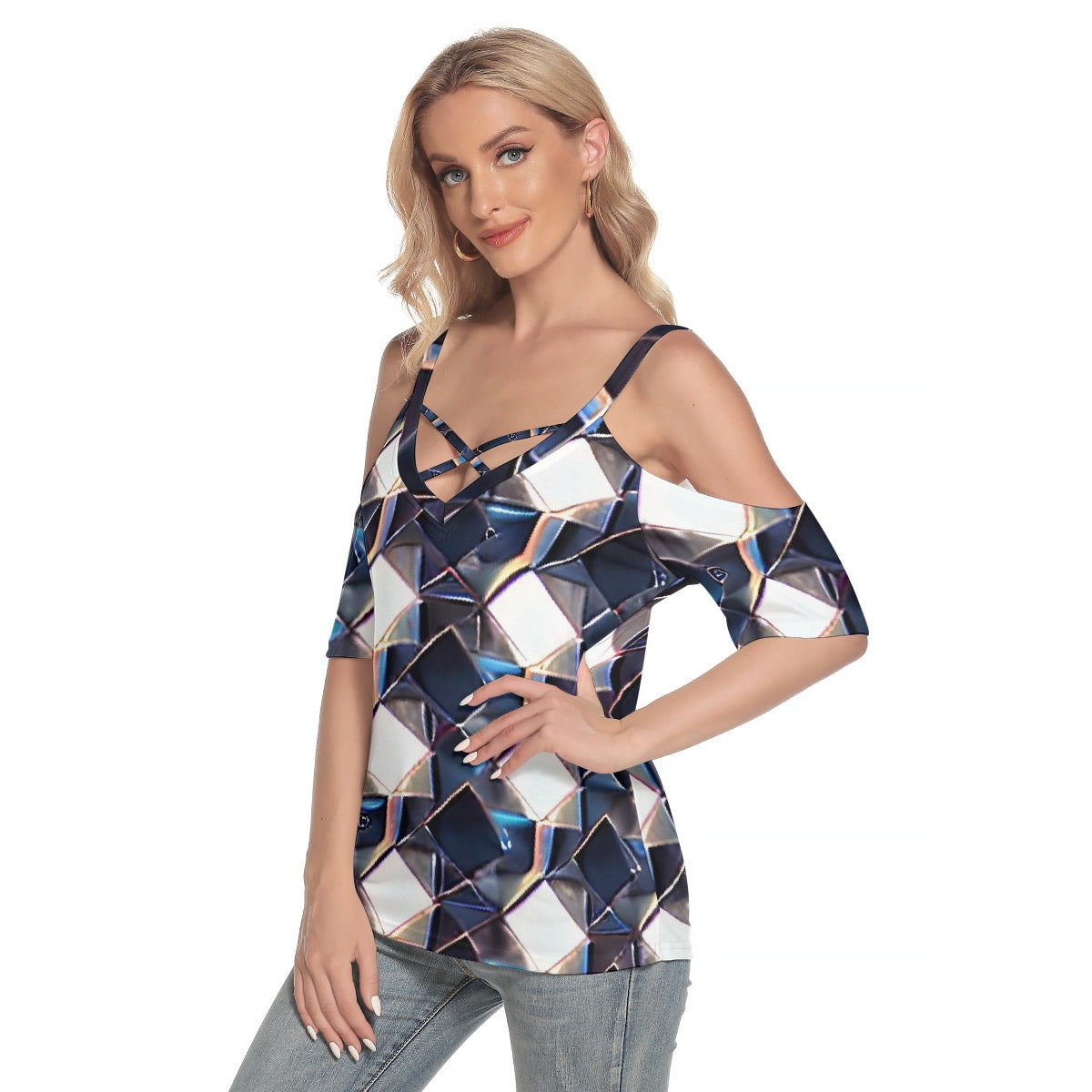 All-Over Print Women's Cold Shoulder T-shirt With Criss Cross Strips