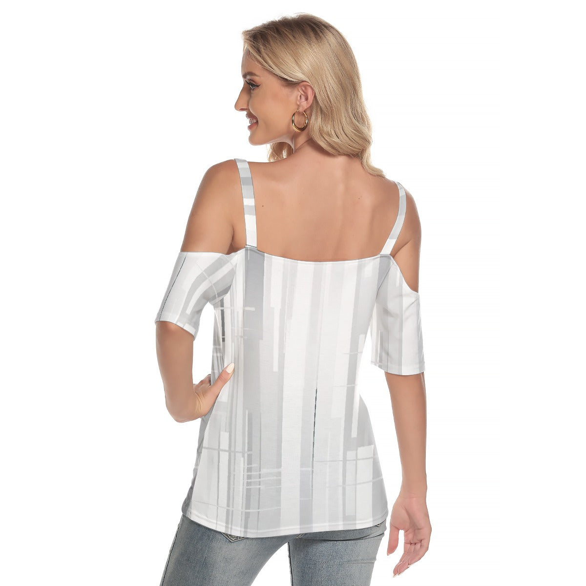 All-Over Print Women's Cold Shoulder T-shirt With Criss Cross Strips