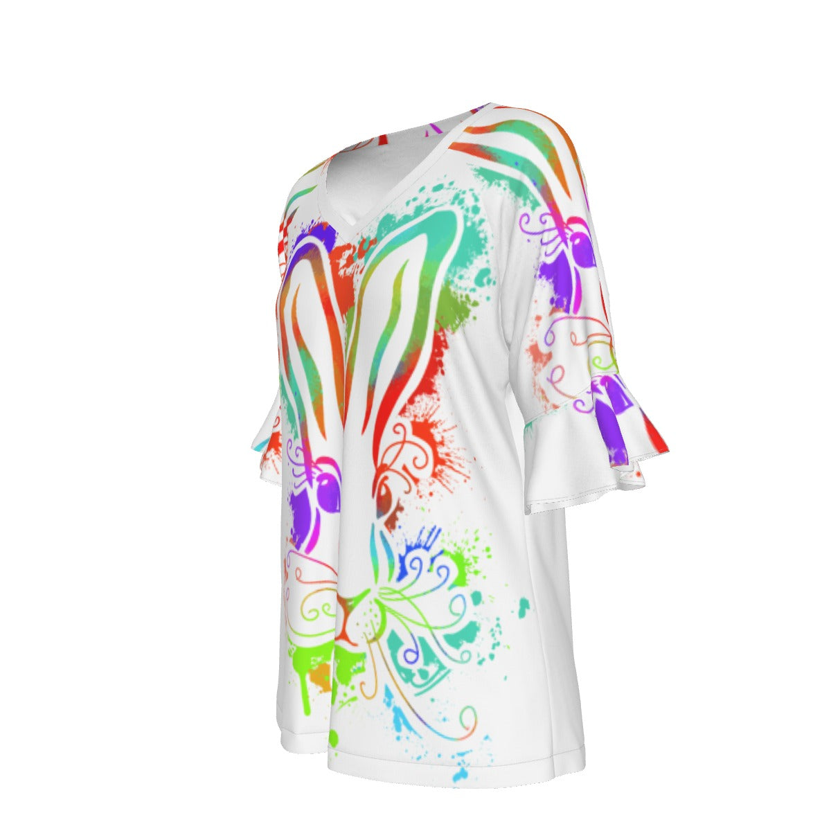 All-Over Print V-neck Women's T-shirt With Bell Sleeve