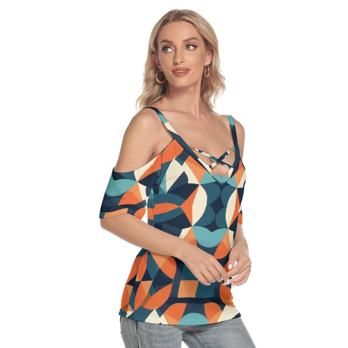 All-Over Print Women's Cold Shoulder T-shirt With Criss Cross Strips