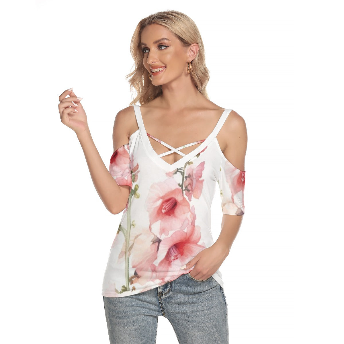 All-Over Print Women's Cold Shoulder T-shirt With Criss Cross Strips