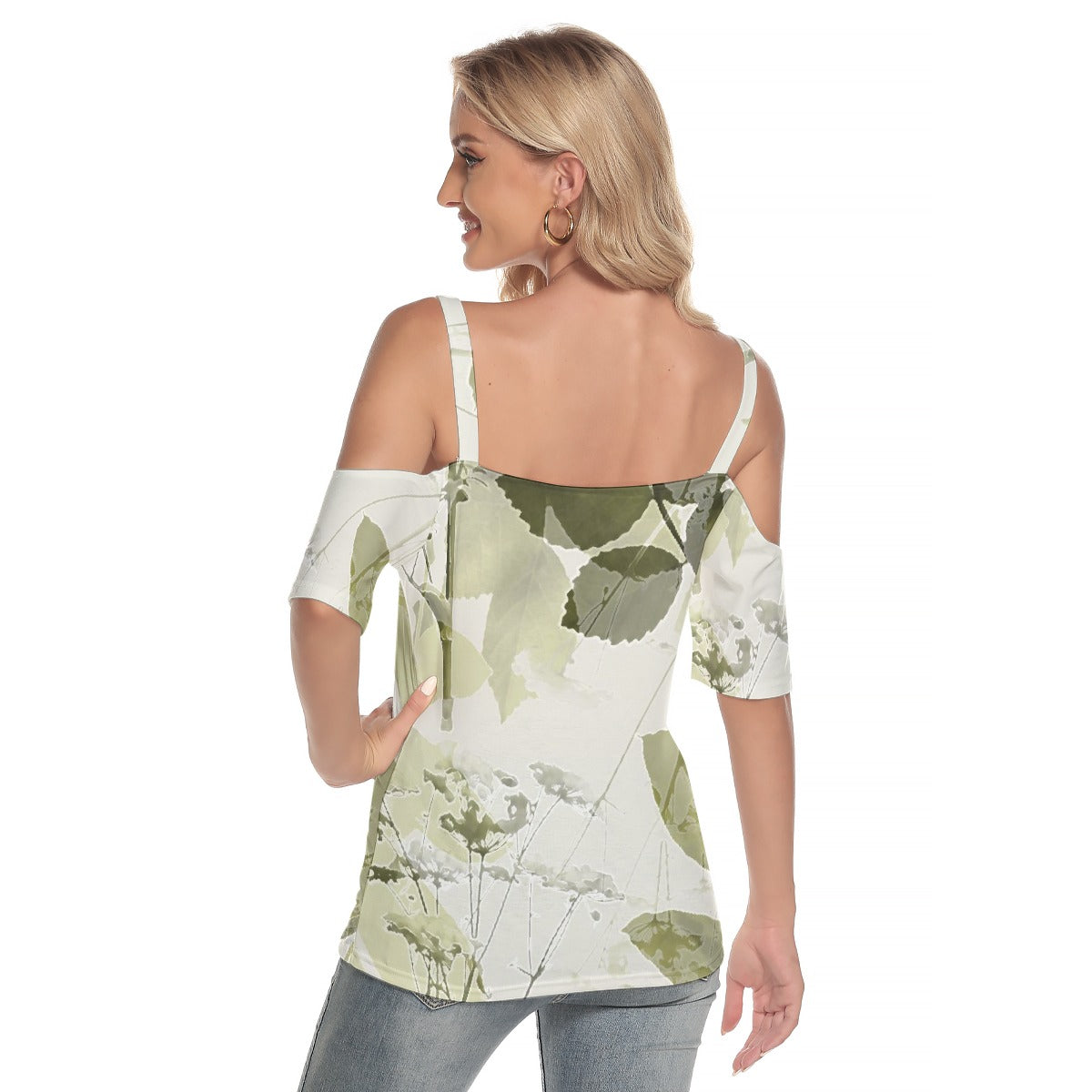 All-Over Print Women's Cold Shoulder T-shirt With Criss Cross Strips