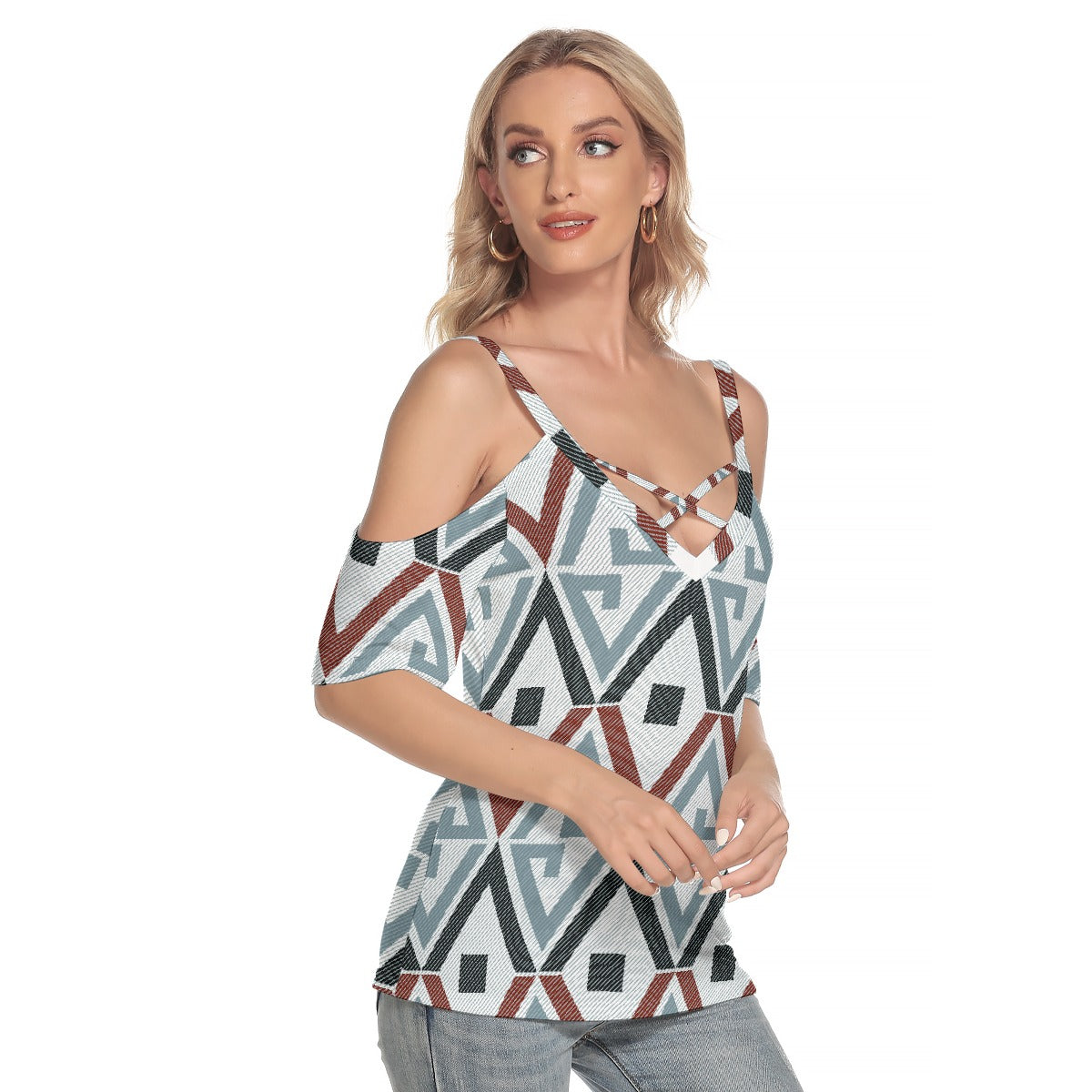 All-Over Print Women's Cold Shoulder T-shirt With Criss Cross Strips