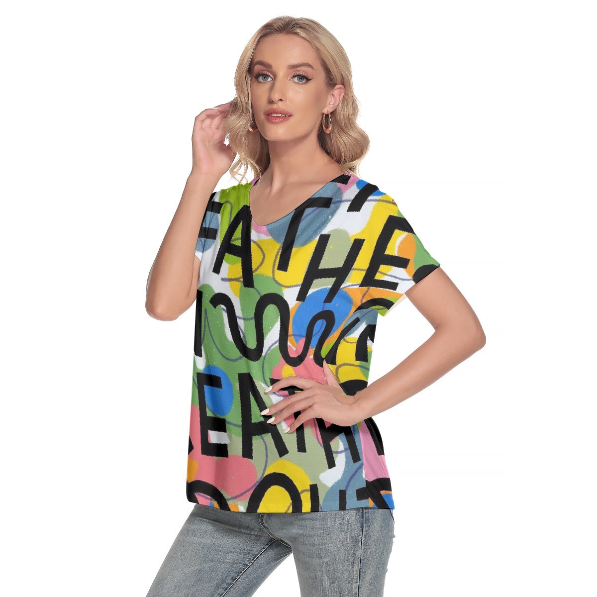 All-Over Print Women's Loose V-neck Short Sleeve T-shirt