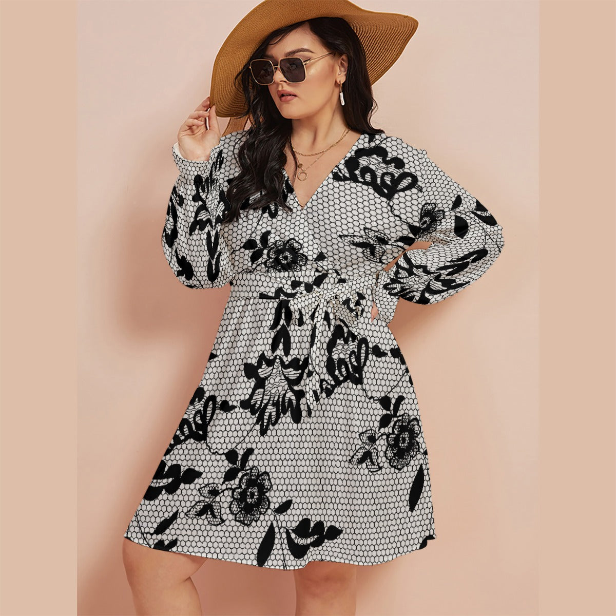 All-Over Print Women's V-neck Dress With Waistband(Plus Size)