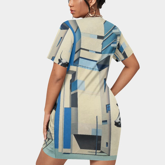 All-Over Print Women’s Stacked Hem Dress With Short Sleeve（Plus Size）